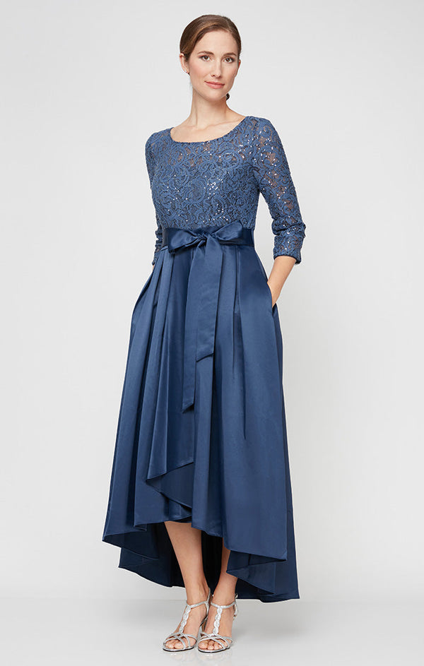 Sequin Lace Party Dress with Satin Skirt & Ribbon Belt