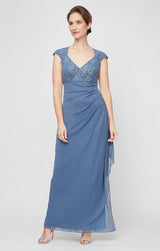 Petite Long Cap Sleeve Empire Waist Dress With Cording Detail and Cascade Skirt