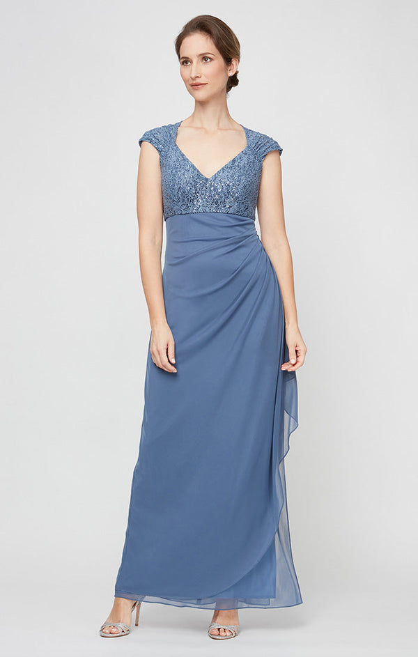Petite Long Cap Sleeve Empire Waist Dress With Cording Detail and Cascade Skirt