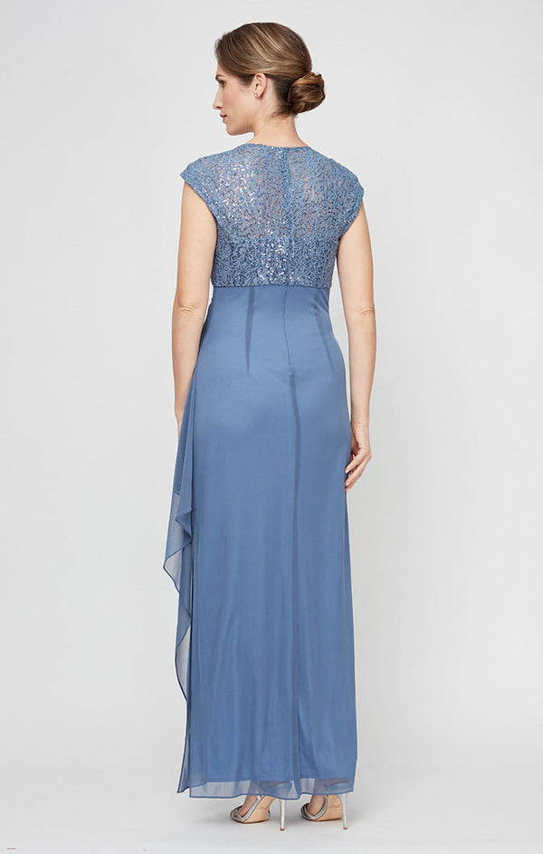 Petite Long Cap Sleeve Empire Waist Dress With Cording Detail and Cascade Skirt