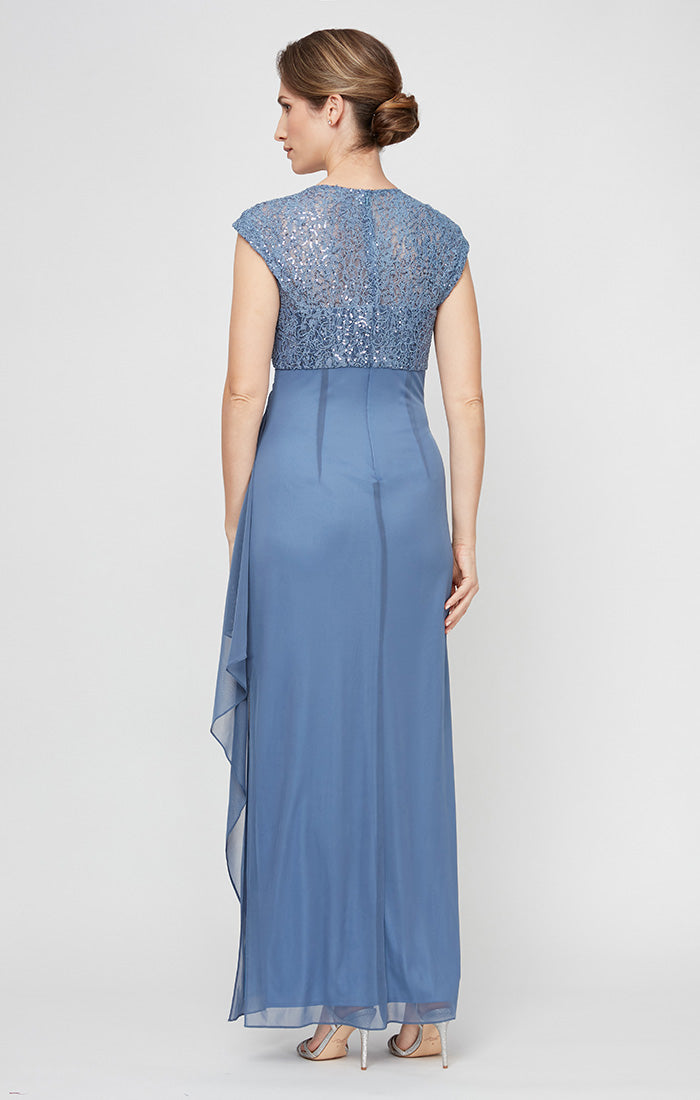 Petite Long Cap Sleeve Empire Waist Dress With Cording Detail and Cascade Skirt