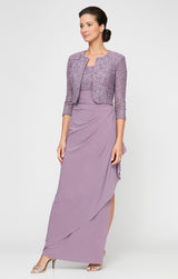 Petite Long Empire Waist Bolero Jacket Dress With Open Jacket, Scoop Neck Bodice and Cascade Detail Skirt