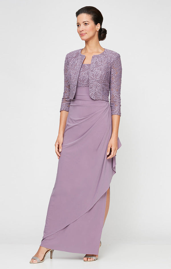 Petite Long Empire Waist Bolero Jacket Dress With Open Jacket, Scoop Neck Bodice and Cascade Detail Skirt