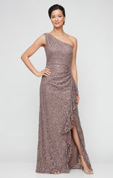 Long One Shoulder Lace Dress with Cascade Ruffle Detail