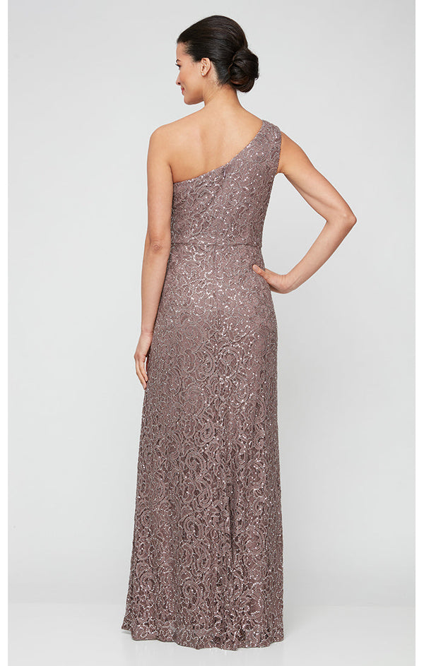Long One Shoulder Lace Dress with Cascade Ruffle Detail