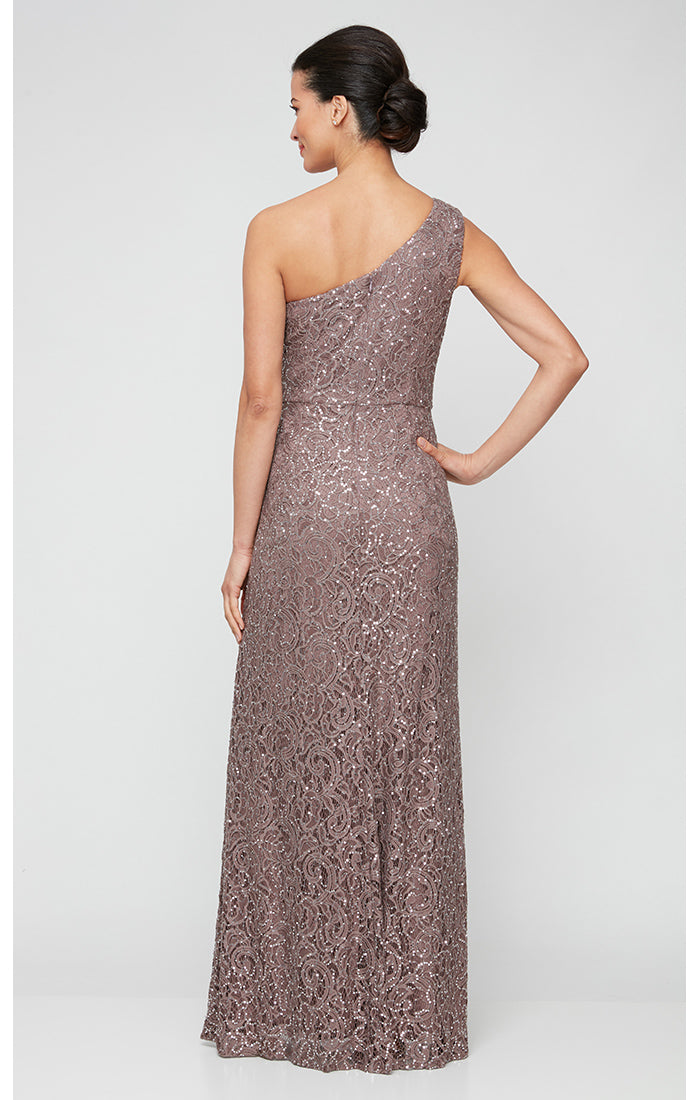 Long One Shoulder Lace Dress with Cascade Ruffle Detail