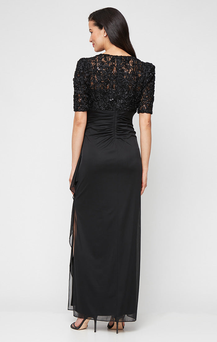 Petite Long Empire Waist Dress with Soutache Bodice, Puff Sleeve Detail and Cascade Ruffle Skirt