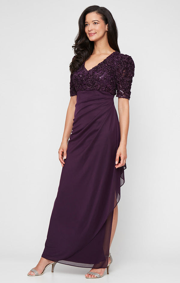 Petite Long Empire Waist Dress with Soutache Bodice, Puff Sleeve Detail and Cascade Ruffle Skirt
