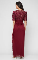 Petite Long Empire Waist Dress with Soutache Bodice, Puff Sleeve Detail and Cascade Ruffle Skirt