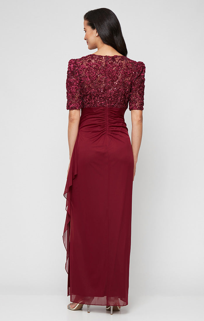 Petite Long Empire Waist Dress with Soutache Bodice, Puff Sleeve Detail and Cascade Ruffle Skirt