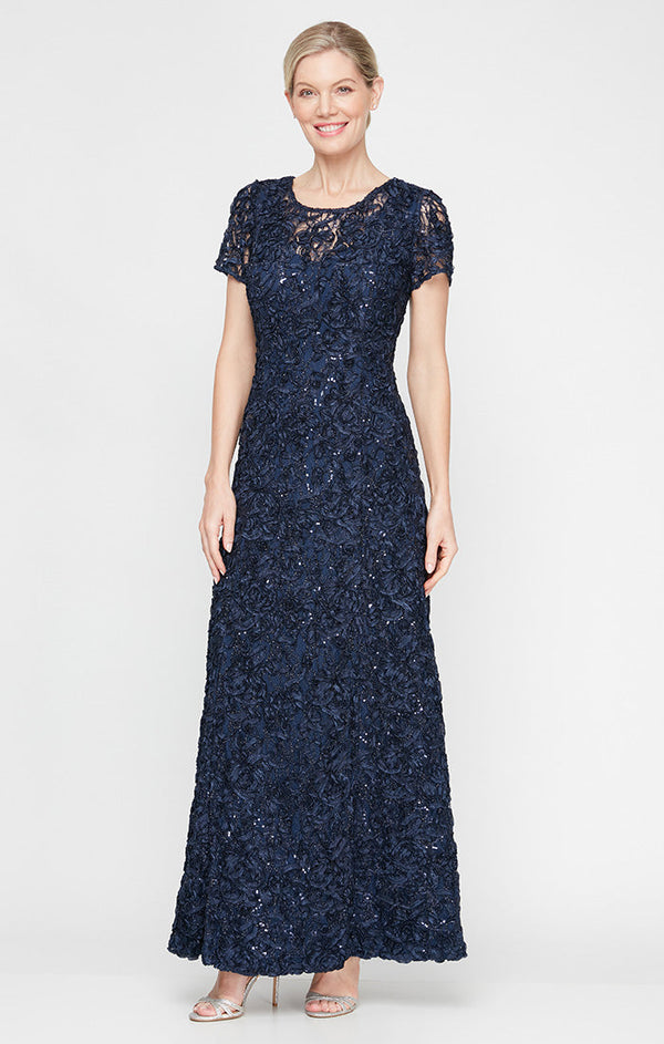 Petite Long Soutache A-Line Dress with Short Sleeves and Illusion Neckline