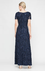 Petite Long Soutache A-Line Dress with Short Sleeves and Illusion Neckline