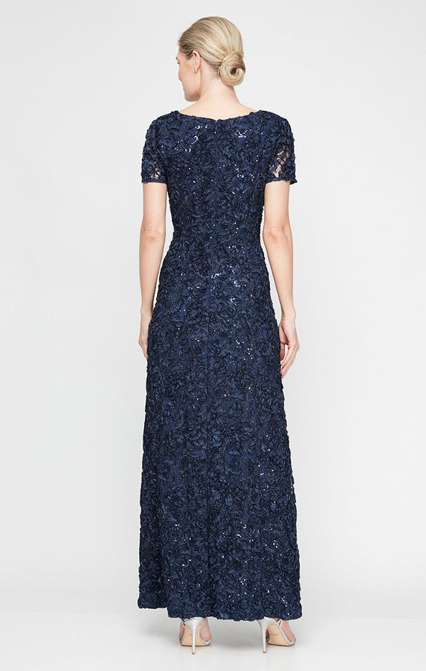 Petite Long Soutache A-Line Dress with Short Sleeves and Illusion Neckline