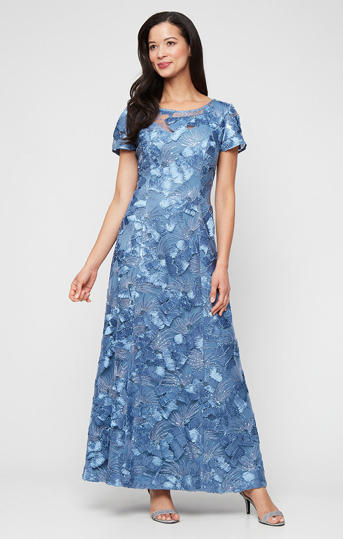 Petite Soutache A-Line Dress with Short Sleeves and Illusion Neckline
