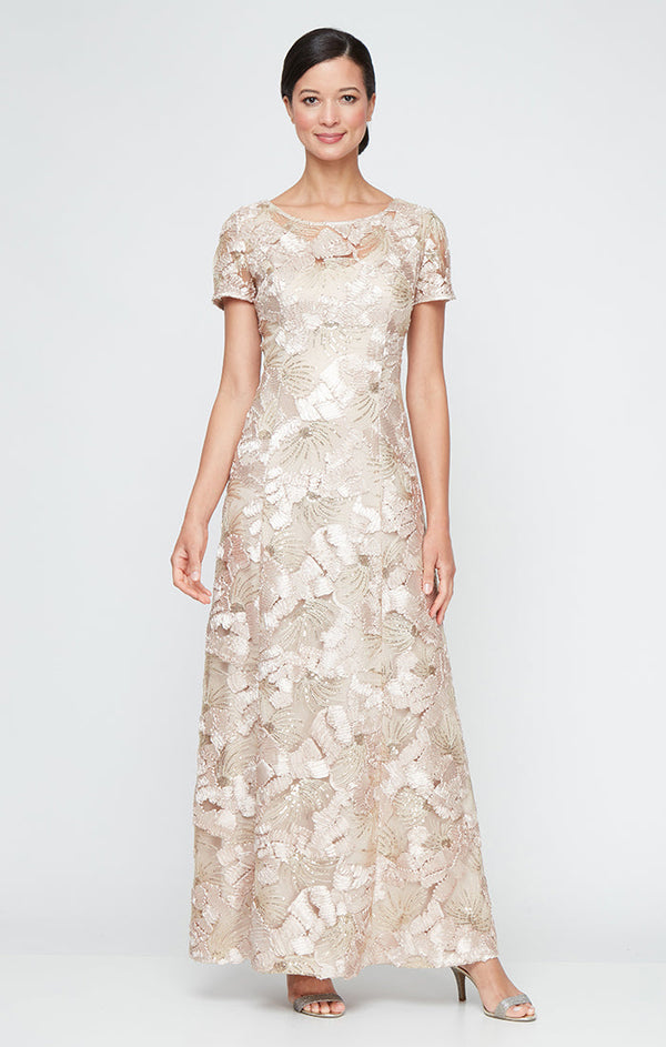 Plus Long Soutache A-Line Dress with Short Sleeves and Illusion Neckline