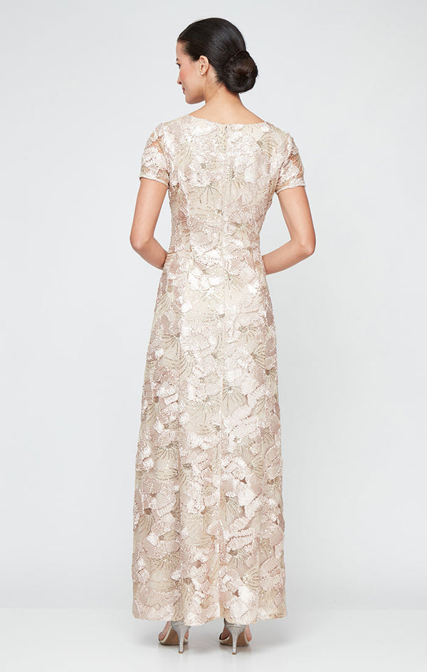 Plus Long Soutache A-Line Dress with Short Sleeves and Illusion Neckline