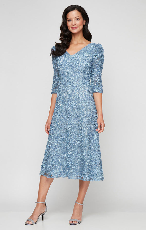 Regular - V-Neck Soutache Dress with Puff Shoulder Detail