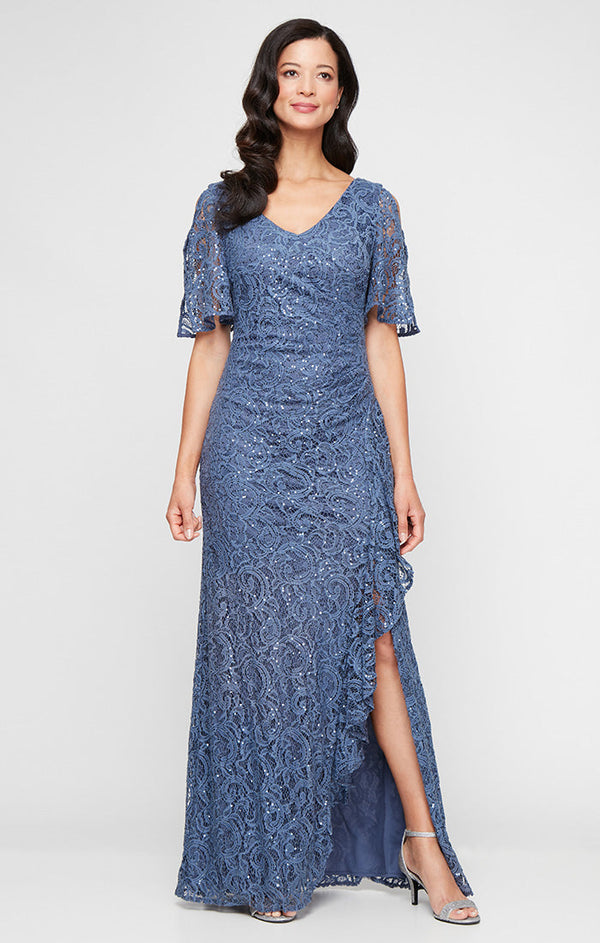 Plus V-Neck Stretch Sequin Lace with Cold Shoulder Sleeves & Cascade Detail Skirt