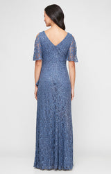 Plus V-Neck Stretch Sequin Lace with Cold Shoulder Sleeves & Cascade Detail Skirt