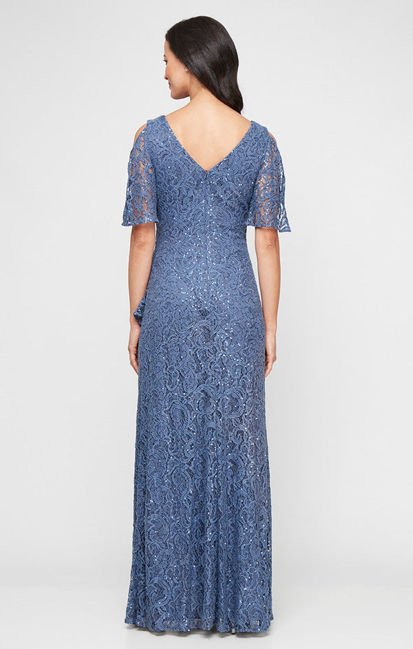 Plus V-Neck Stretch Sequin Lace with Cold Shoulder Sleeves & Cascade Detail Skirt