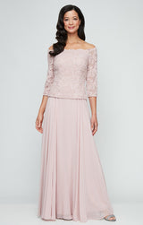 Petite - Stretch Lace Off the Shoulder Mock Dress with Scallop Neckline Detail & Chiffon Full Skirt