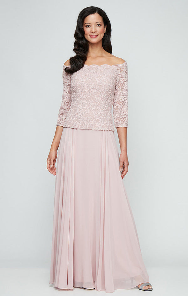 Petite - Stretch Lace Off the Shoulder Mock Dress with Scallop Neckline Detail & Chiffon Full Skirt