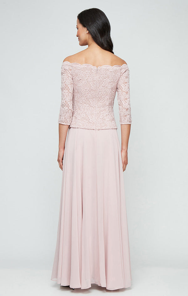 Stretch Lace Off the Shoulder Mock Dress with Scallop Neckline & Chiffon Full Skirt