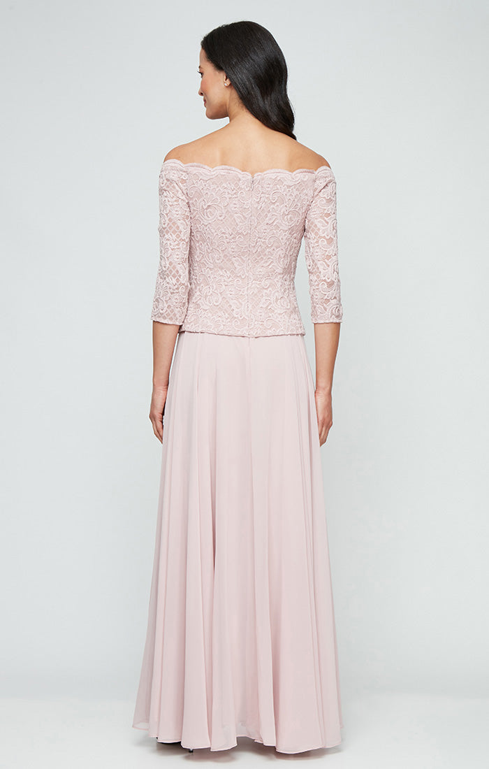 Stretch Lace Off the Shoulder Mock Dress with Scallop Neckline & Chiffon Full Skirt
