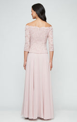 Petite - Stretch Lace Off the Shoulder Mock Dress with Scallop Neckline Detail & Chiffon Full Skirt