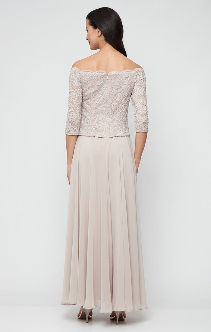 Stretch Lace Off the Shoulder Mock Dress with Scallop Neckline & Chiffon Full Skirt