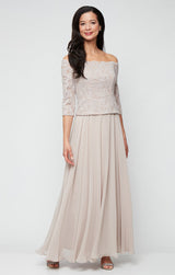 Stretch Lace Off the Shoulder Mock Dress with Scallop Neckline & Chiffon Full Skirt