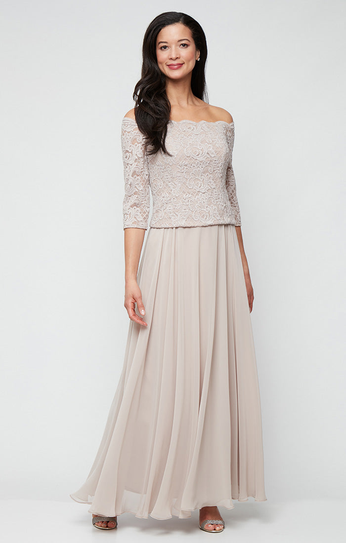 Stretch Lace Off the Shoulder Mock Dress with Scallop Neckline & Chiffon Full Skirt