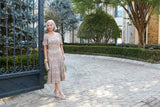 Plus - Tea-Length V-Neck Sequin Soutache Dress with Cold Shoulder Sleeves
