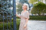 Plus - Tea-Length V-Neck Sequin Soutache Dress with Cold Shoulder Sleeves