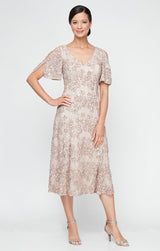 Plus - Tea-Length V-Neck Sequin Soutache Dress with Cold Shoulder Sleeves