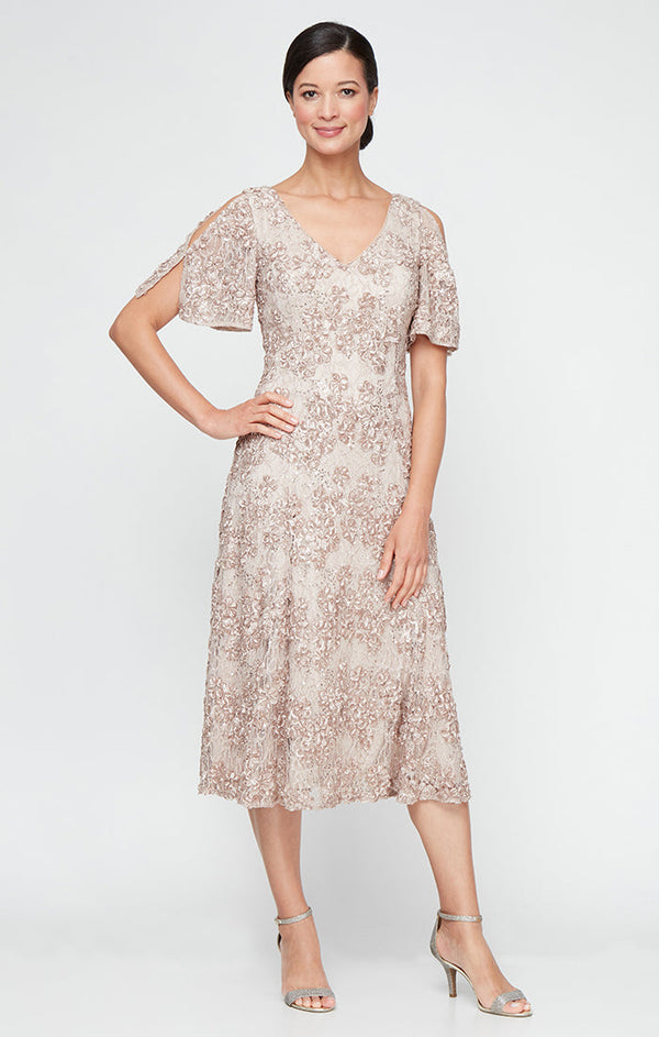 Plus - Tea-Length V-Neck Sequin Soutache Dress with Cold Shoulder Sleeves