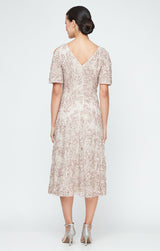 Plus - Tea-Length V-Neck Sequin Soutache Dress with Cold Shoulder Sleeves