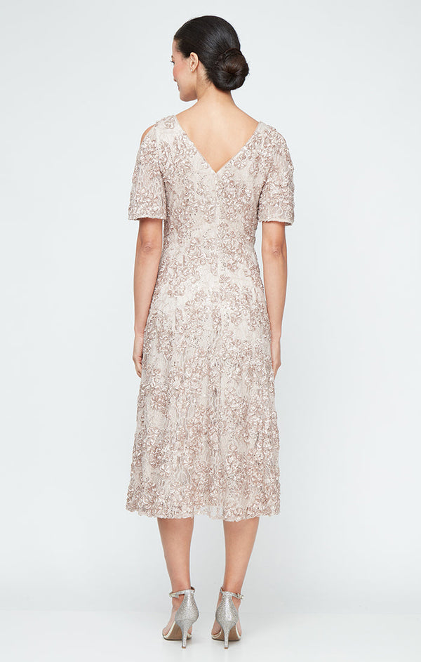 Plus - Tea-Length V-Neck Sequin Soutache Dress with Cold Shoulder Sleeves