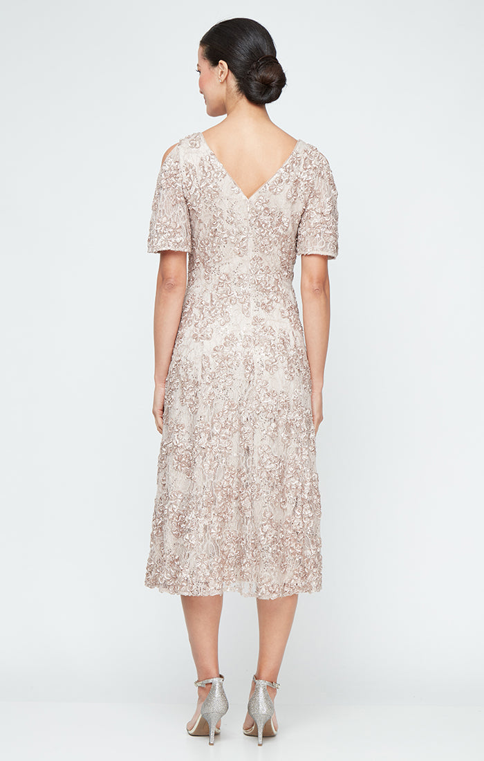 Plus - Tea-Length V-Neck Sequin Soutache Dress with Cold Shoulder Sleeves