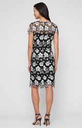 Short Embroidered Lace Dress with Illusion Neckline, Short Sleeves and Scallop Detail