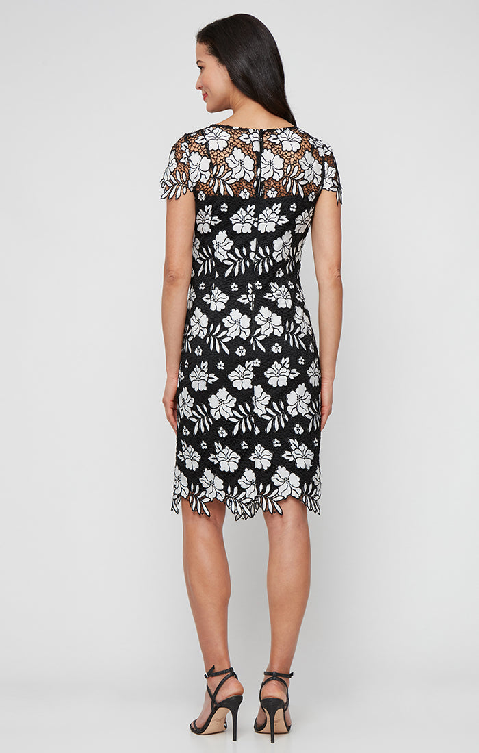 Short Embroidered Lace Dress with Illusion Neckline, Short Sleeves and Scallop Detail
