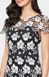 Short Embroidered Lace Dress with Illusion Neckline, Short Sleeves and Scallop Detail