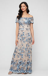 Long Floral Embroidered Lace Off the Shoulder Dress