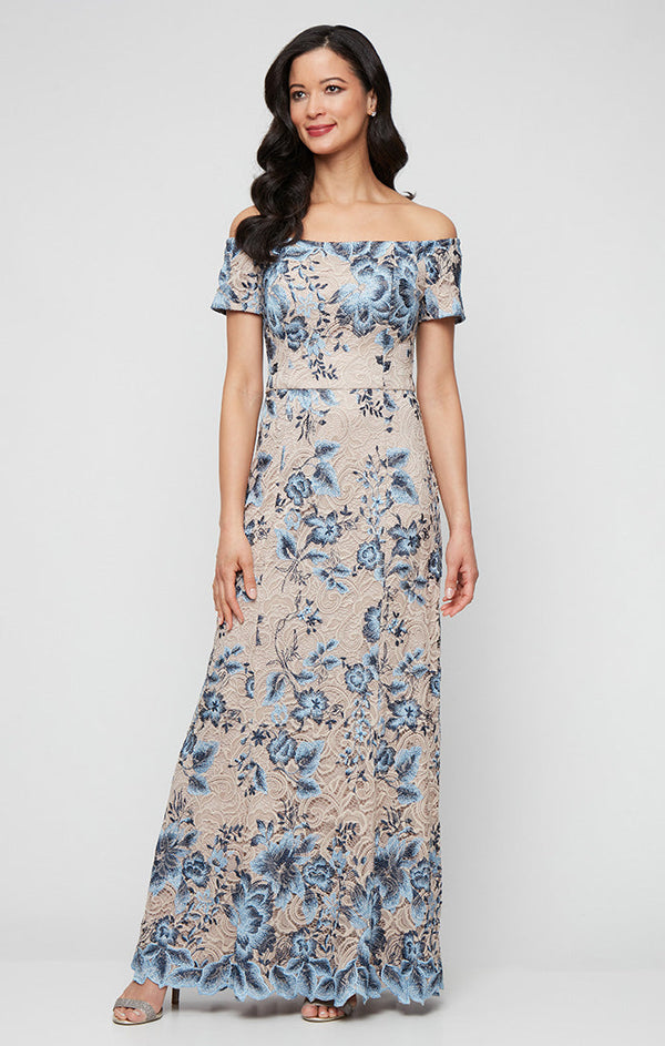 Long Floral Embroidered Lace Off the Shoulder Dress