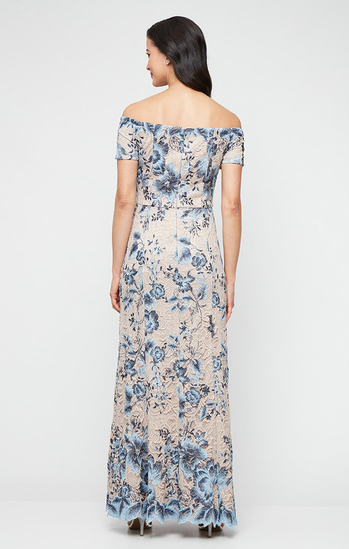 Long Floral Embroidered Lace Off the Shoulder Dress
