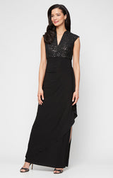 Petite Long Sleeveless Empire Waist Dress with Corded Bodice and Cascade Detail Jersey Skirt