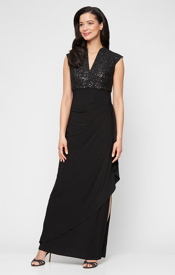 Petite Long Sleeveless Empire Waist Dress with Corded Bodice and Cascade Detail Jersey Skirt
