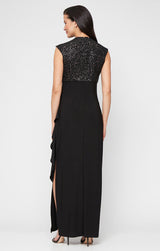Petite Long Sleeveless Empire Waist Dress with Corded Bodice and Cascade Detail Jersey Skirt