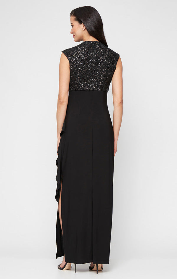 Petite Long Sleeveless Empire Waist Dress with Corded Bodice and Cascade Detail Jersey Skirt