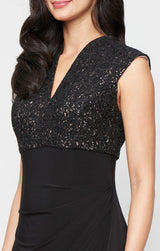 Petite Long Sleeveless Empire Waist Dress with Corded Bodice and Cascade Detail Jersey Skirt